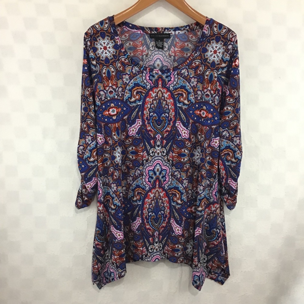 Grace Elements Womens XL Paisley Tunic Top Ruched Sleeve Sharkbite Hem Blue Boho